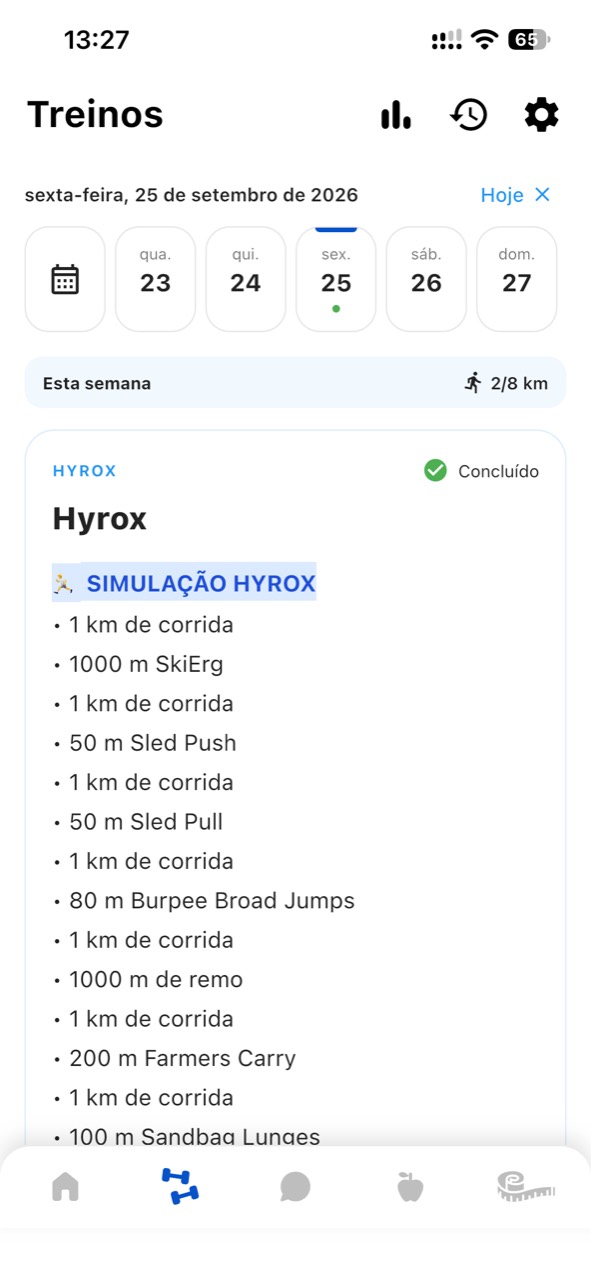 Treino HYROX na app Fitcore